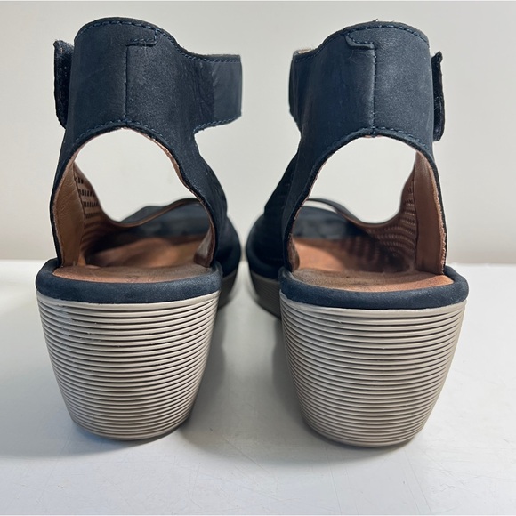 Clarks Reedly Salene Wedge Sandals Women's 9.5 Dark Navy Blue Leather Peep Toe - Picture 5 of 9